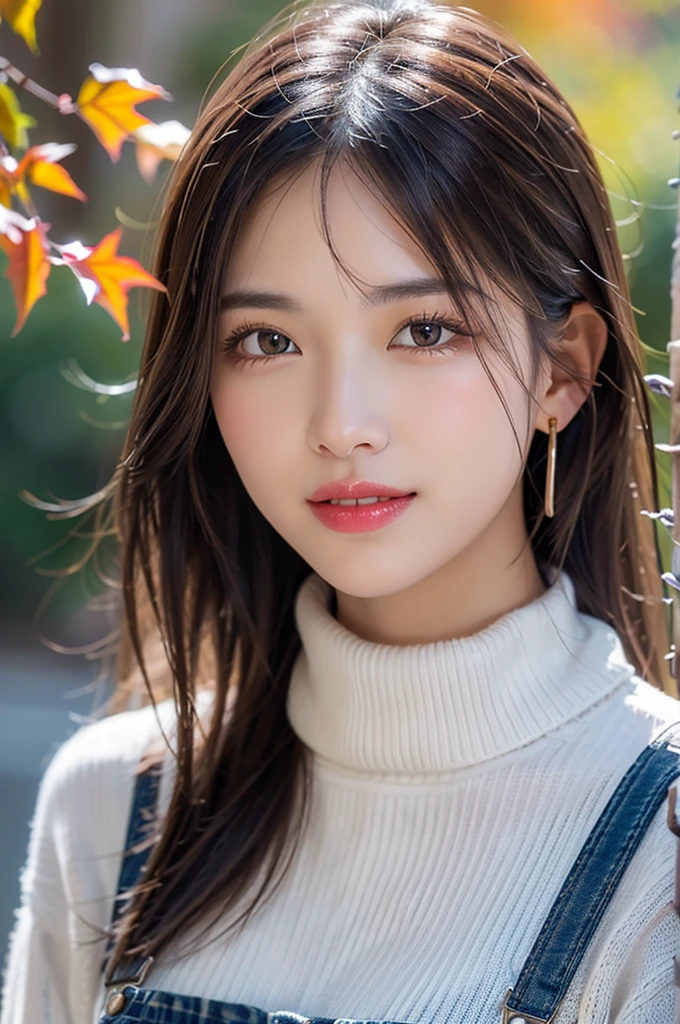 (RAW shooting), (((Overall image)))、３５age、((Red sweater with high neck))、White scarf around neck、Long thin earrings、Round eyes、Cheek on ear、correct、make、smile、Biting the lower lip、（((Close one eye and wink)))、Soft lips、誘惑的なsmile、Sparkle、Darker lipstick、Cheek on nose、(Autumn leaves)、((Watery eyes))、Asymmetrical Hair、Real Skin、Blonde Hair、Very realistic,Gray Hair、Messy Hair、Hair behind the ear、Floating Hair、Boyish Hair、Blunt bangs、Drop Shadow、Hyperrealism、Contemporary Art、shine、reflected light、Ultra Wide Angle、16K、Super detailed、最high quality、uhd、Anatomically correct、Awards、最high quality、Ultra high detail、high quality、High resolution、Textured skin、correct、masterpiece、Cold Pose：1）、