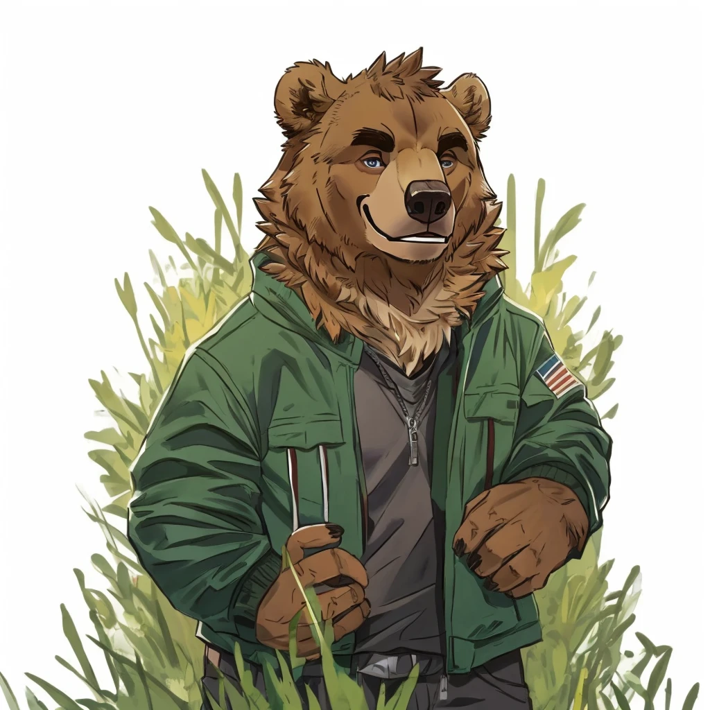 a caramel-brown colored fur anthropomorphic, muscular grizzly bear in a red jacket, closed smile, standing in the grass, high quality furry art.