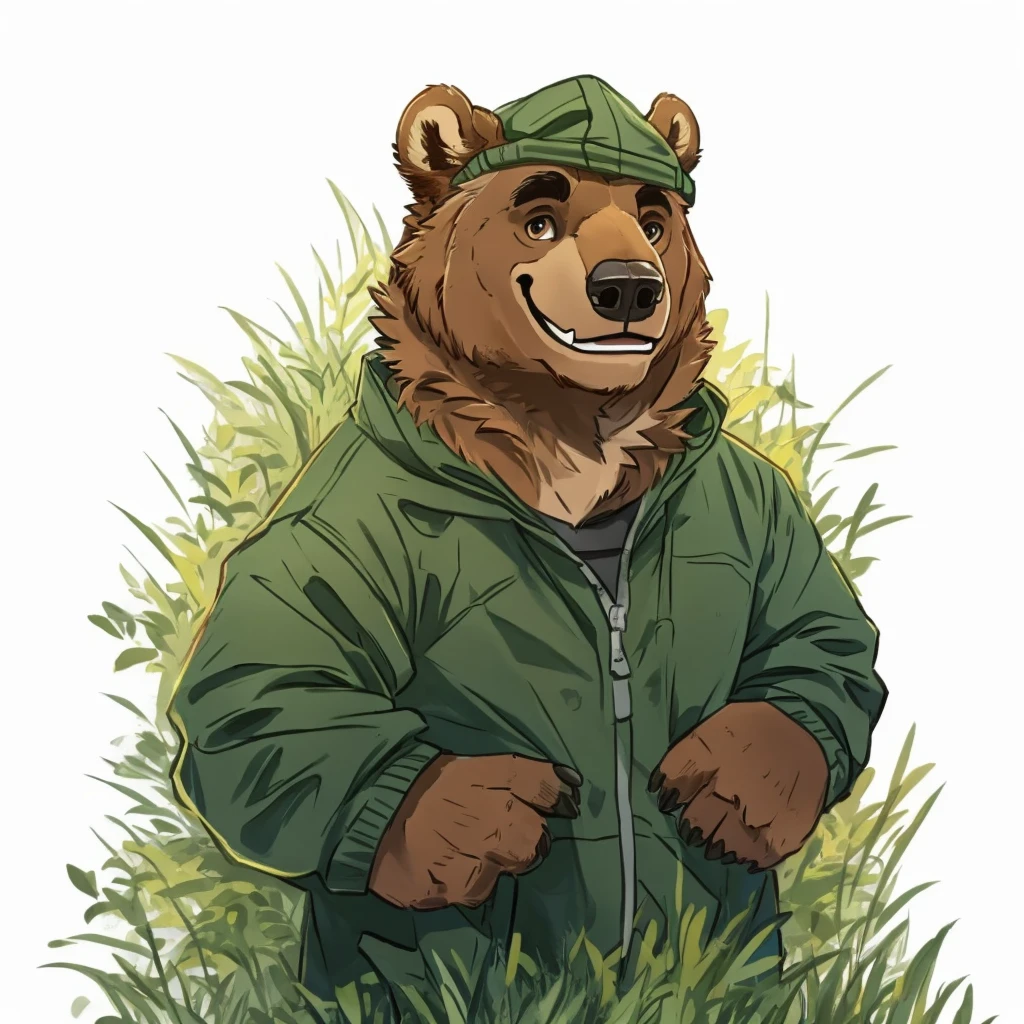 a caramel-brown colored fur anthropomorphic, muscular grizzly bear in a red jacket, closed smile, standing in the grass, high quality furry art.