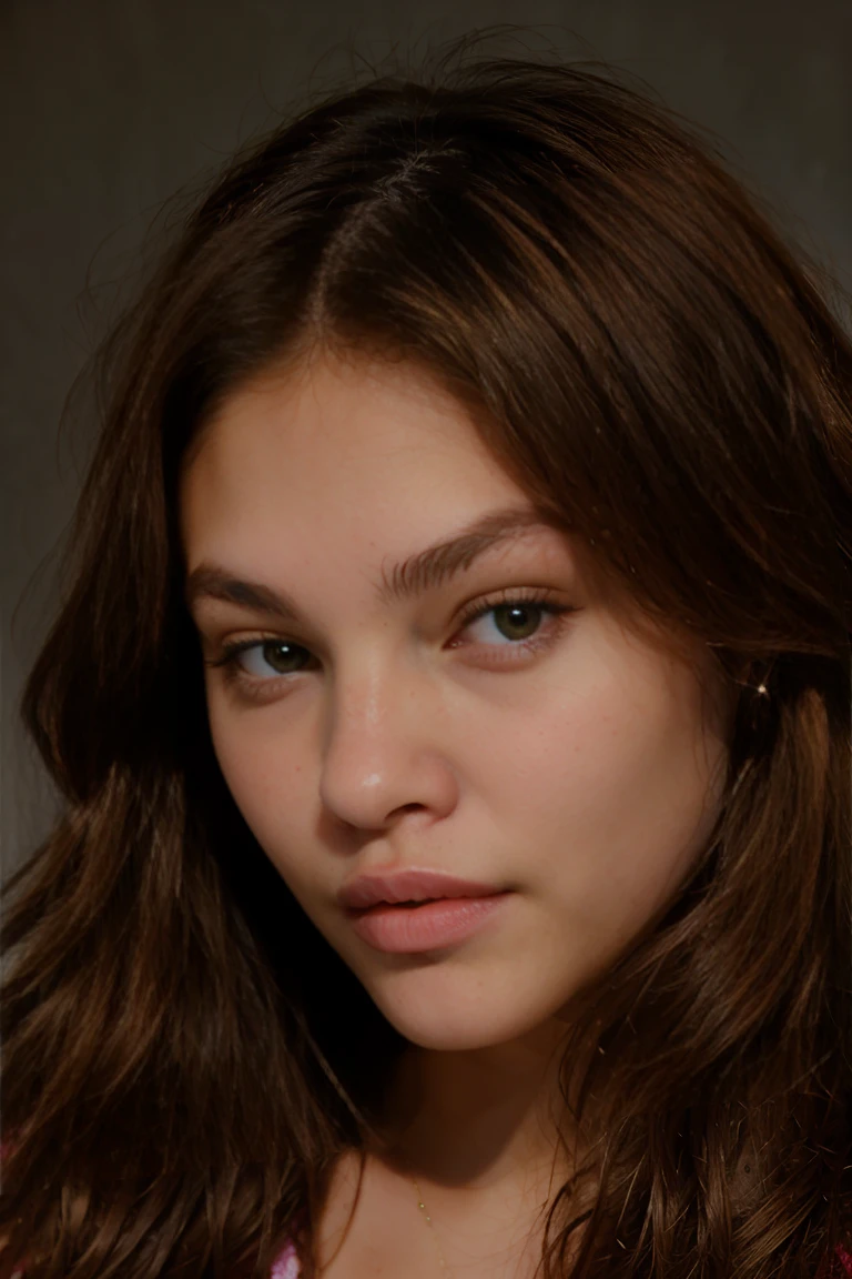 portrait of thylane, brown hair, close up portrait, touching her lips, dark room, low key light