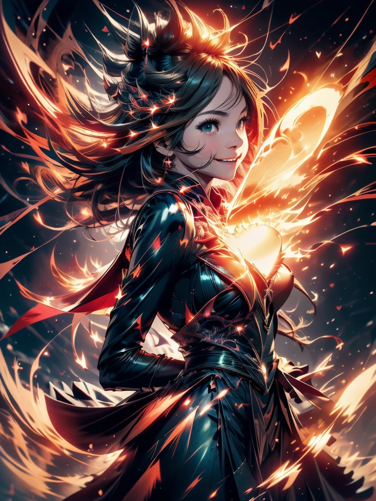 Anime girl, body right profile face, face ahead, green variation middle dress, red and black cape fluttering in the wind, hands holding a flaming red heart, flaming heart in front of the mouth, smile, lightening interstellar background, nebula bubble, little sun