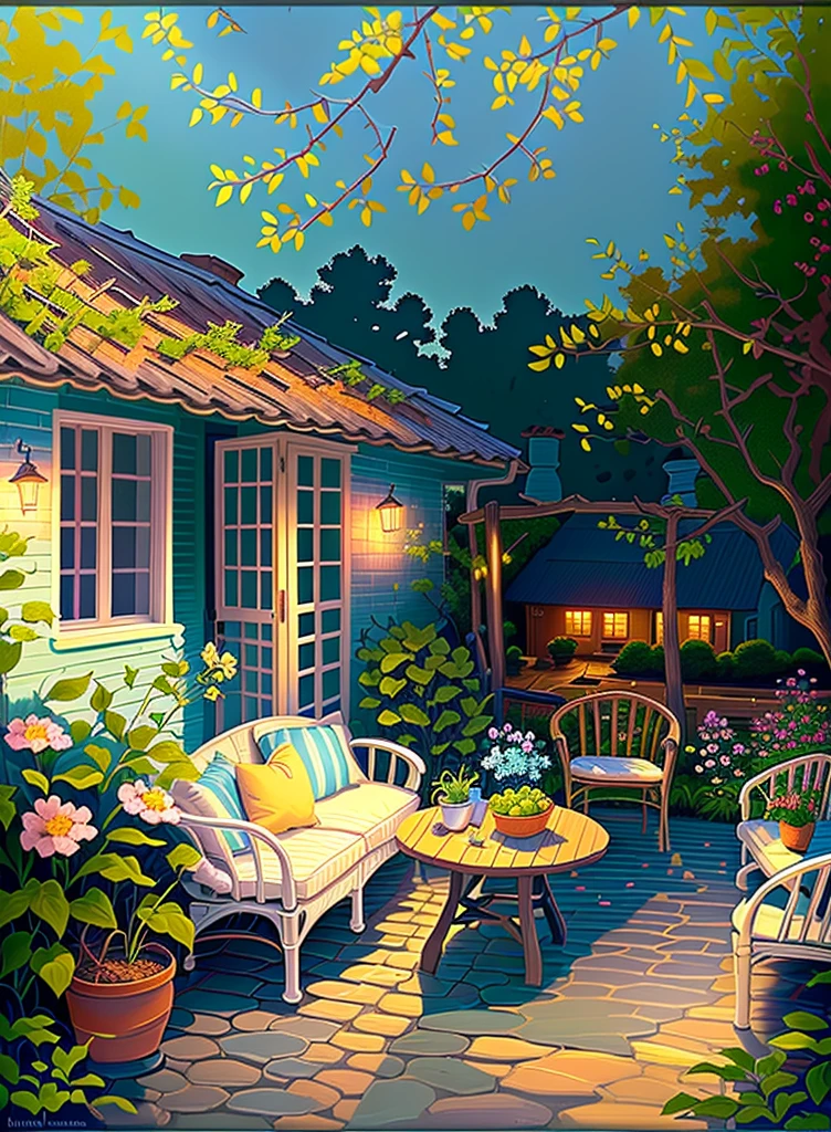 painting of a patio with a table and chairs and a table with flowers, serene evening atmosphere, summer afternoon, cottagecore!!, idyllic cottage, evening ambience, soothing and cozy landscape, cozy and peaceful atmosphere, cosy enchanted scene, thomas kinkade. cute cozy room, cozy home background, summer setting, detailed painting 4 k, by Li Keran