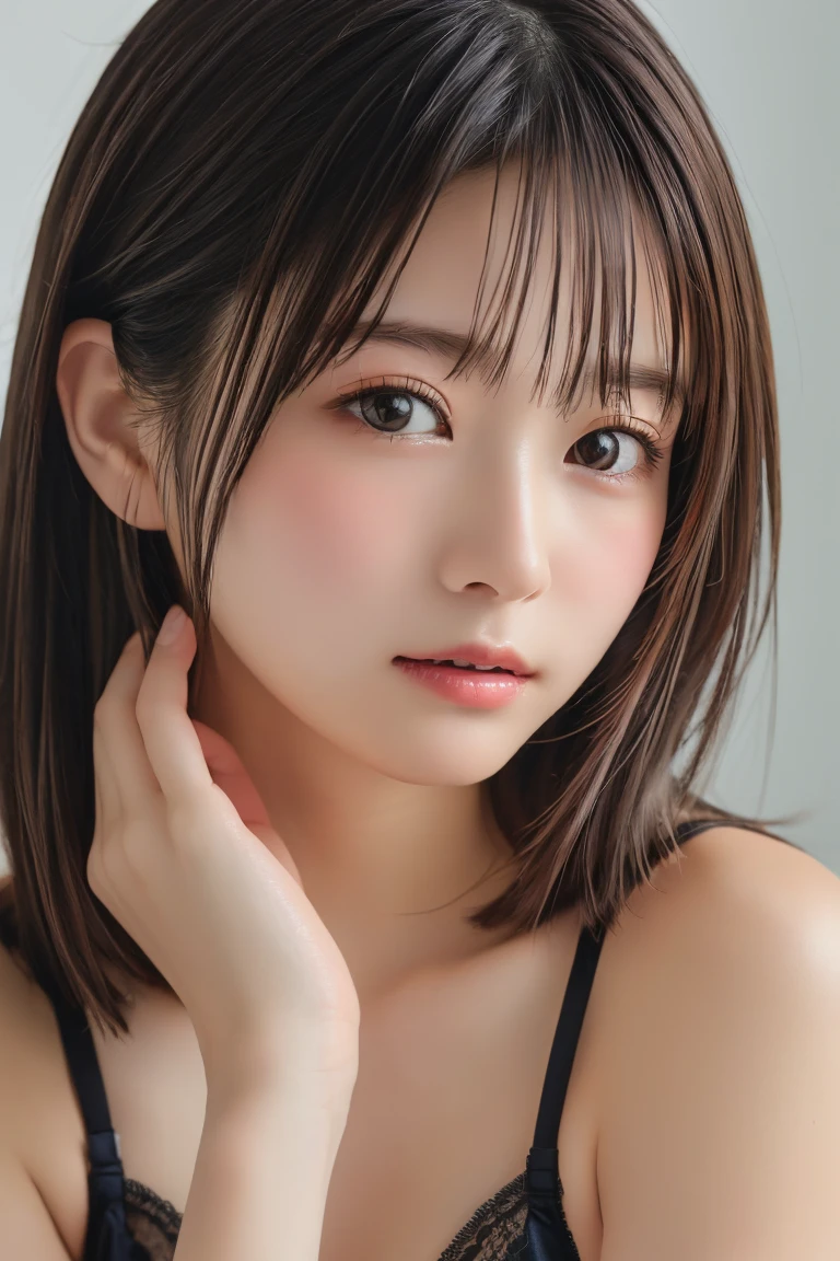 masterpiece, best quality, 8k, absurdres, (upper body:1.4), white shirt, beautiful girl, pretty face, looking at viewer, smile, ultra realistic, highres, photography, film grain, chromatic aberration, sharp focus, HDR, facelight, dynamic lighting, cinematic lighting, professional shadow, simple background, (dull yellow background:1.4), highest detailed, extreme detailed, ultra detailed, finely detail, real skin, delicate facial features, detailed face and eyes, sharp pupils, realistic pupils, (korean, japanese, chinese:0.3)