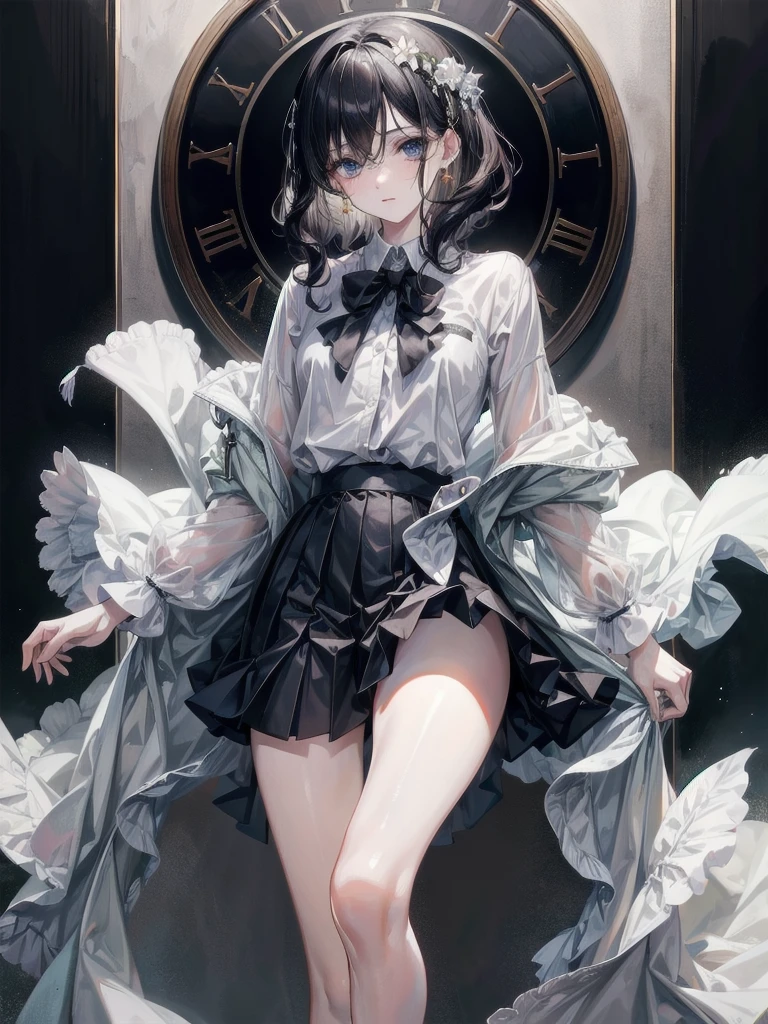school_uniform, absurdres, RAW photo, extremely delicate and beautiful, masterpiece, Best Quality, ultra high resolution, 32k, hyperrealistic, ultra-detailed, detailed description, pale skin, 20 years old, tearful mole, earring, short medium hair, wavy hair, whole body shot,