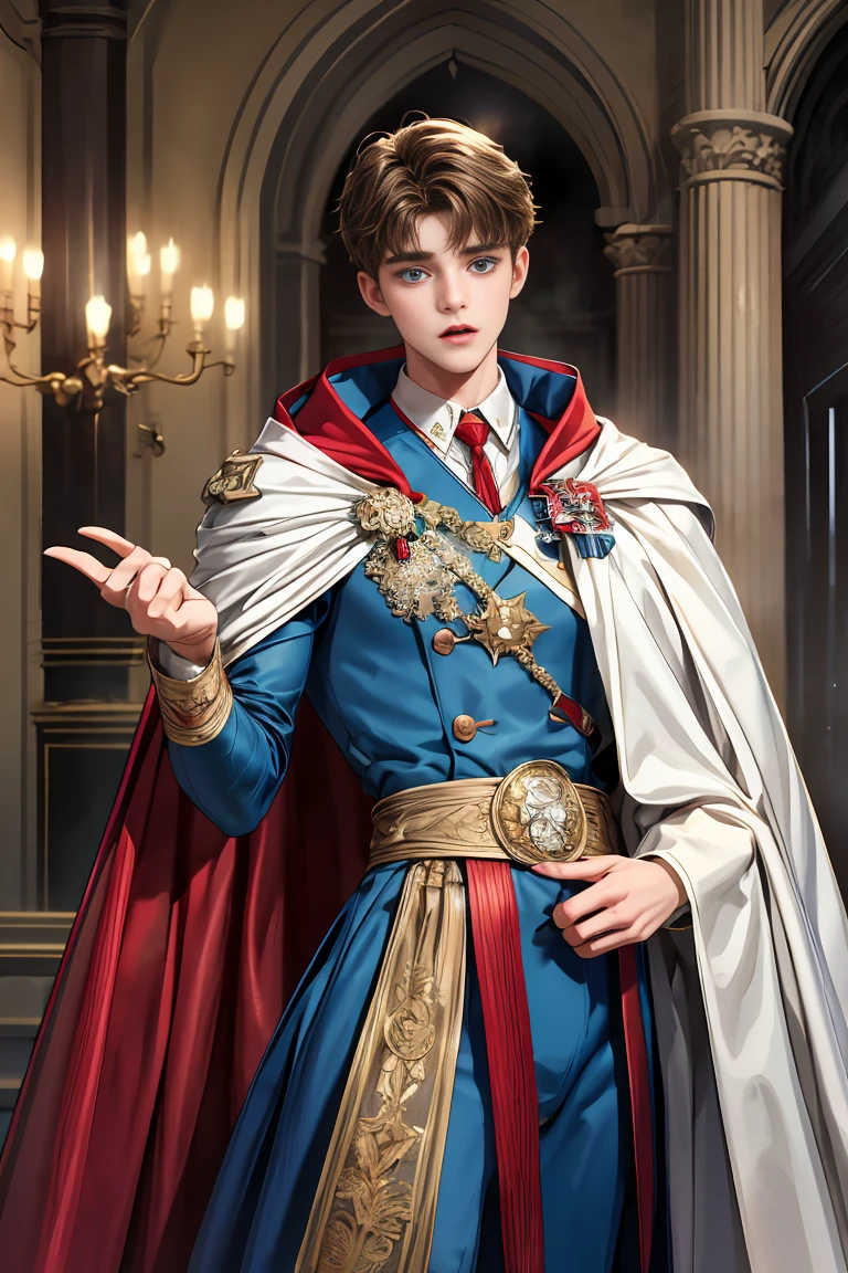 masterpiece, 最high quality, high quality, 1 boy, alone, Male focus, Watching the audience, Messy brown hair, Adorable big blue eyes, White, Noble, Noble,Sexy voluminous cape、vampire、A very voluminous, large, very large, very large, long, long red and black cape with a high stand-up collar, made of a lot of fabric that reaches down to the floor., 17 years old,Cute beautiful boys,Cute, cute, kind, handsome guy