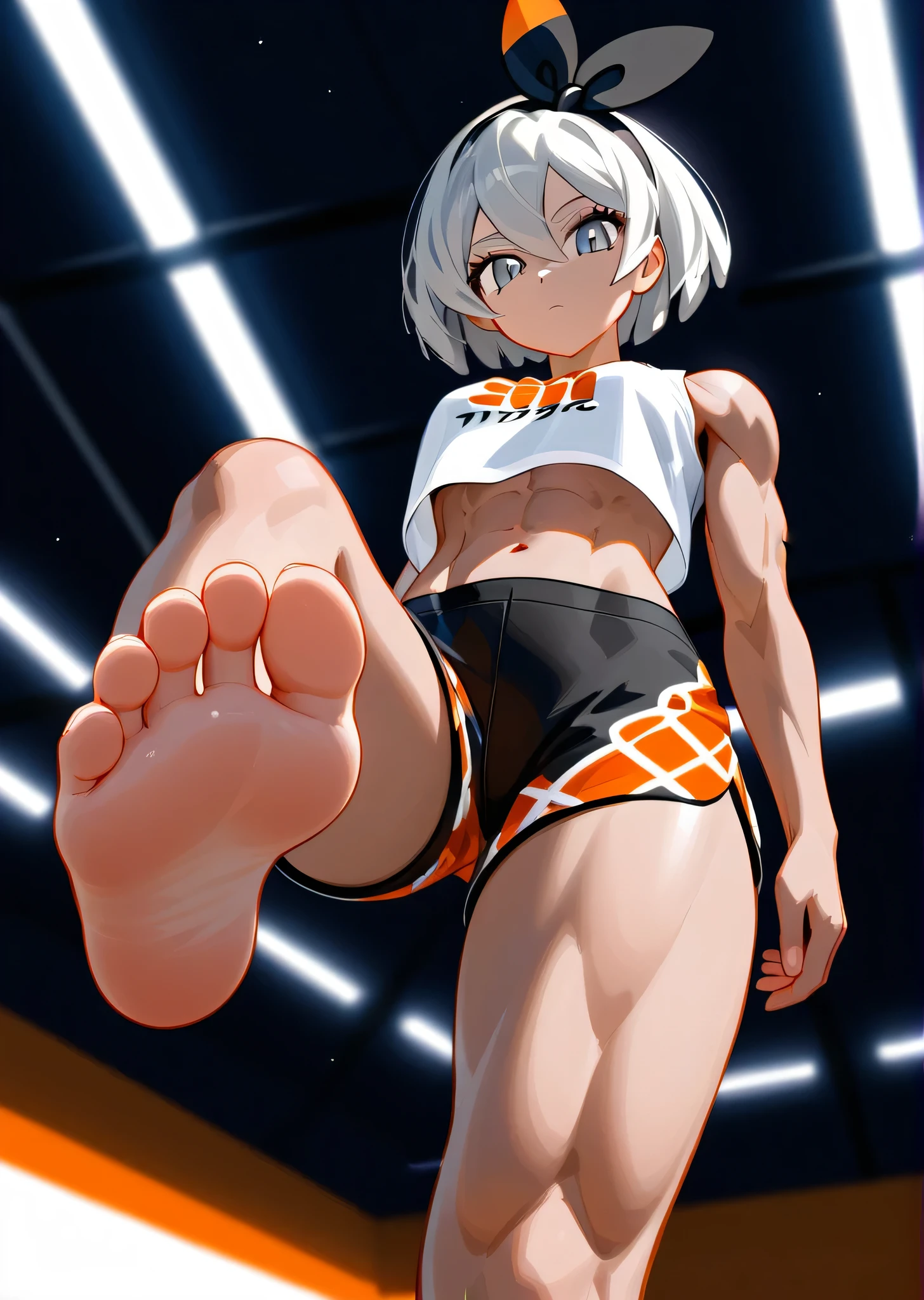 [bea], [pokemon], [uploaded to e621.net; (napalm_express)], ((masterpiece)), ((HD)), ((high res)), ((solo portrait)), ((full body)), ((low angle view)), ((foot focus)), ((detailed shading)), ((beautiful render art)), ((intricate details)), {(athletic figure), (dark-toned skin), (cute grey eyes), (short eyelashes), short white hair, (curvy hips), (defined muscles), (beautiful toned legs), (cute feet), (expressionless)}, {(white shirt), (midriff), (navel), (bodysuit under clothes), (orange print shorts), (black hairband)}, {(looking at viewer)}, [ambient lighting, gym, lights]