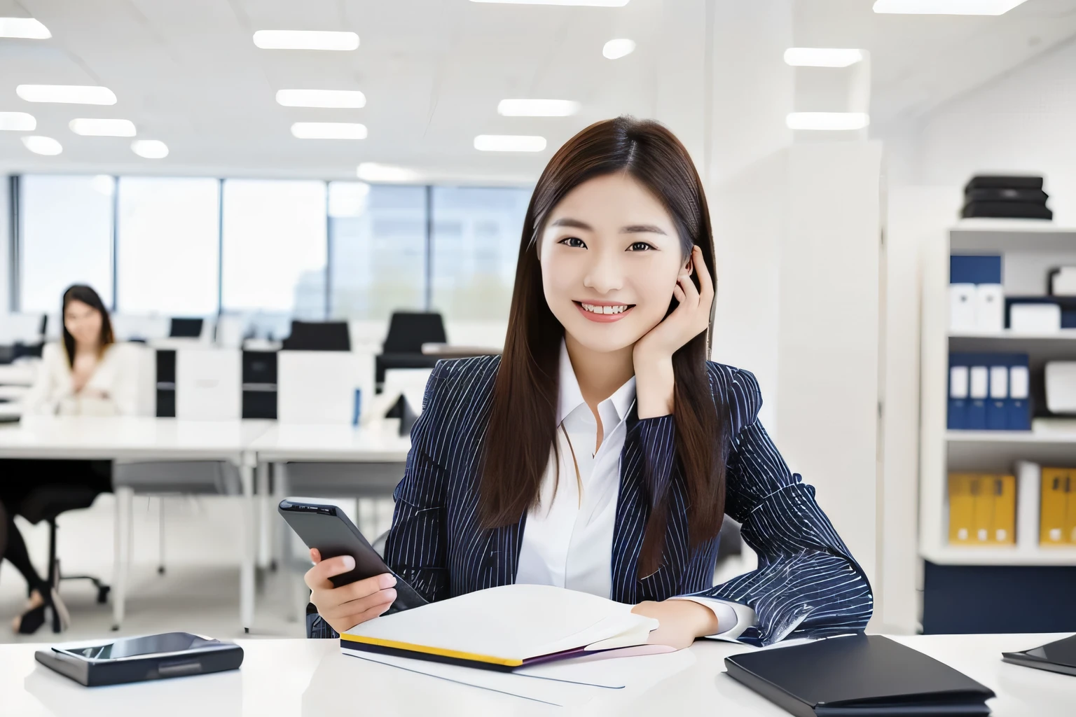 A smiling woman sitting at the table,Holding a notebook and a mobile phone, Working in the office, young Female Merchant, Marketing photos, Professional image, female in office dress, Professional profile photo, Women with long hair, Well-lit professional photos, Professional Portraits, Company photos, Female Merchant, in office, Detailed professional photos, Asian women, Girl calling, Professional Profile Picture