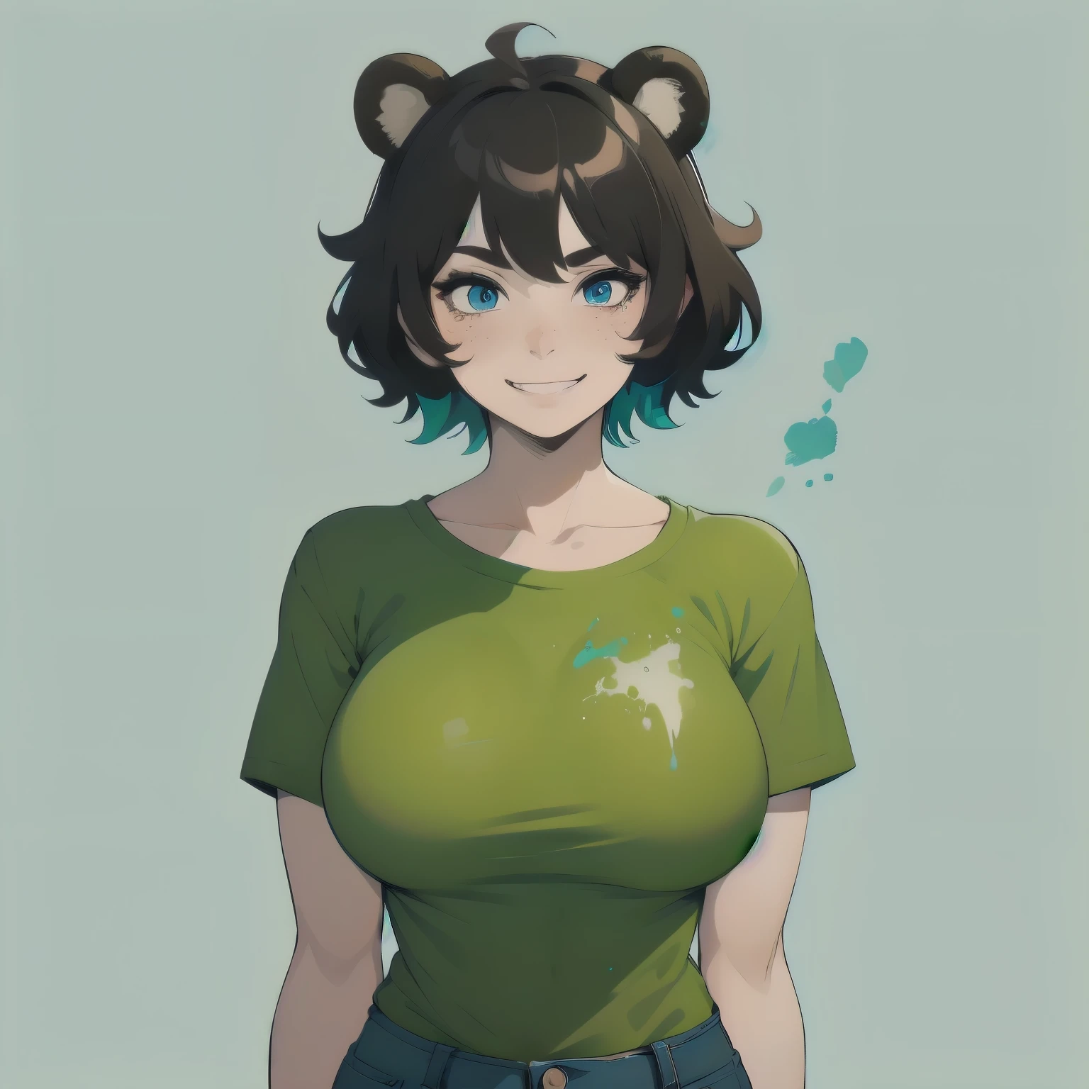 (masterpiece), 1girl, solo, best quality, expressive eyes, perfect face, best quality, kemonomimi, bear ears, animal ears, brown hair, short hair, messy_hair, blue eyes BREAK freckles, green shirt, huge breasts, hourglass figure, short sleeves, Denim shorts, standing, smile, closed mouth, standing, (paint splatter, splatter), dripping, colorful, watercolor, simple background, smile, grin, looking at viewer