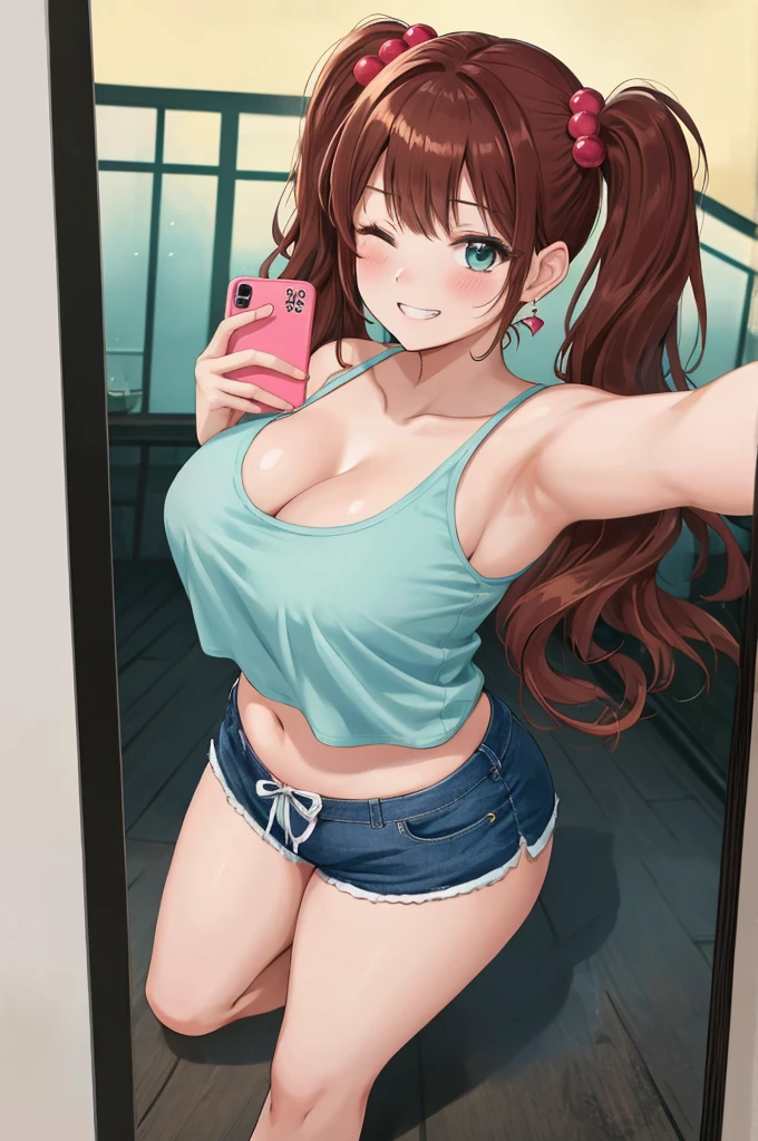 A beautiful girl taking a selfie with her phone, anime girl, inside the house, from behind, brown hair, gradient hair with red tips, long hair, twintails, wavy hair, asymmetrical bangs, shiny hair, cat hair ornament, aqua eyes, glowing eyes, one eye closed, pupils sparkling, earrings, grin, blush, seductive smile, big rounds breasts, she takes a selfie with her phone, (selfie:1.5), shows her back, from below, nice and round buttocks, full body, dolphin shorts, pink camisole, high detail, anime, anime style, chiaroscuro, framed, pov, wide shot, panorama, atmospheric perspective, Wide-Angle, 85mm, Sony FE, 8k, super detail, UHD, retina, masterpiece, accurate, anatomically correct, textured skin, highres, best quality, 16k
