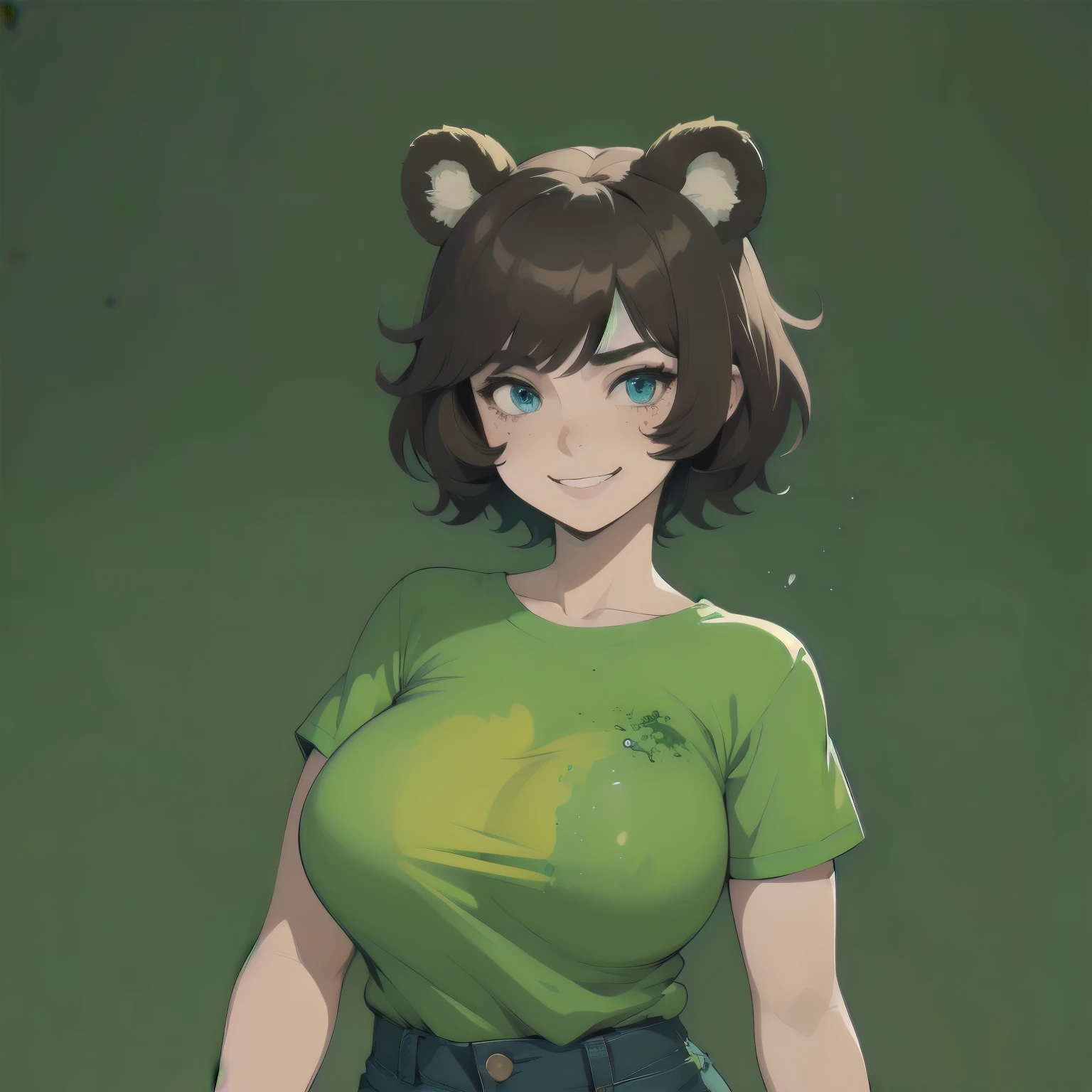 (masterpiece), 1girl, solo, best quality, expressive eyes, perfect face, best quality, kemonomimi, bear ears, animal ears, brown hair, short hair, messy_hair, blue eyes BREAK freckles, green shirt, huge breasts, hourglass figure, short sleeves, Denim shorts, standing, smile, closed mouth, standing, (paint splatter, splatter), dripping, colorful, watercolor, simple background, smile, grin, looking at viewer