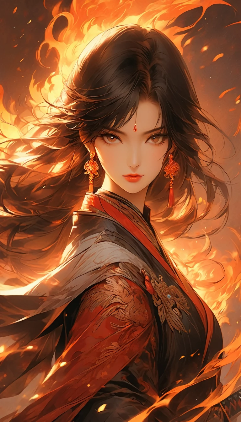 a beautiful female warrior, detailed elaborate sword, focused on a male figure, fire phoenix, closed mouth, jeweled, leather jacket, cowboy shooting, earrings, bangs, solitary, ancient Chinese hanfu, fiery background