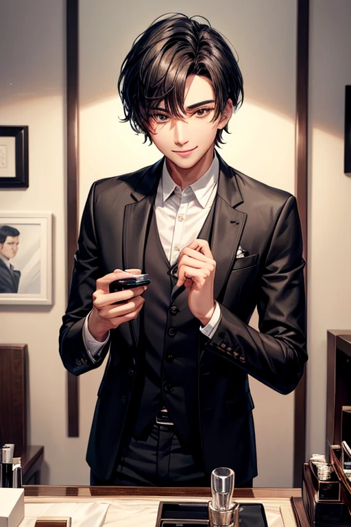 （（Tabletop））,A black-haired man, 25 years old, looking at the camera,smile,Brown eyes,short hair,2 block hairstyle,Handsome face,Refreshing atmosphere,Jacket,Suit pants,At the dressing table,perfume,Advertising style,cosmetics