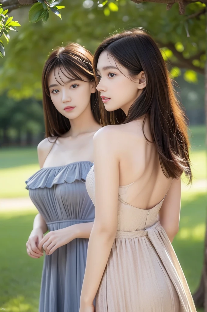 best quality, masterpiece, Ultra-fine high resolution, (Practical: 1.4),outdoor, (2 girls: 1.2), (portrait,Upper Body:1.2) ,(2 girls,Back to Back,Stand under a big tree: 1.4)，Thin body，Small chest, (best quality:1.4), 32k resolution, (Practical:1.5), (超Practical:1.5), High resolution 32k UHD, (masterpiece:1.2)), (quality improvement:1.4), (Very nice facial details), (best quality realistic skin texture:1.4),Dresses of different colors