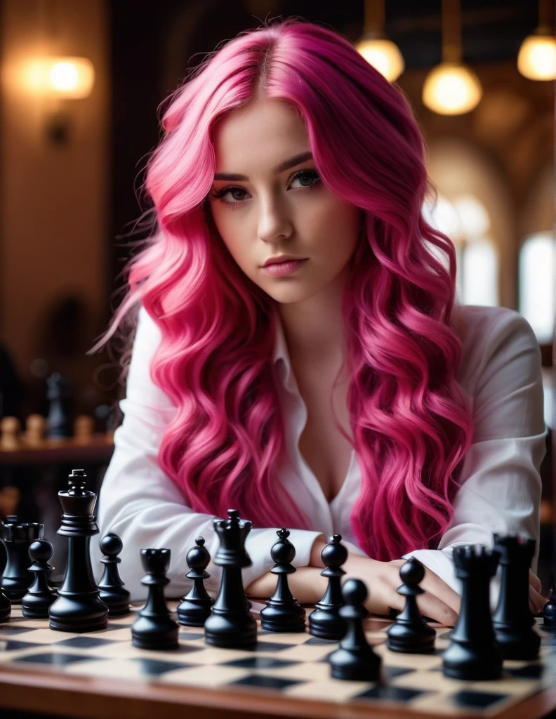 Very attractive 25 year old female with long wavy bright pink hair, cinematic photo cinematic photo chess board  woman figures,  . 35mm photograph, film, bokeh, professional, 4k, highly detailed . 35mm photograph, film, bokeh, professional, 4k, highly detailed