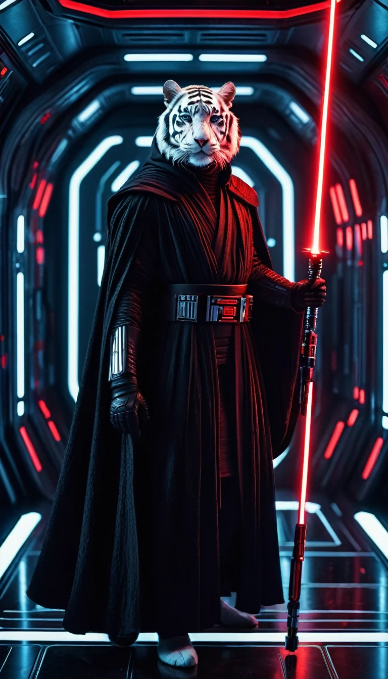 a cinematic star wars scene, white tiger humanoid sith lord, black cloak and robe, red glowing light sabber, detailed portrait, photorealistic, inside a space vessel , dramatic lighting, intricate armor and details, dynamic fithing pose, full body shot, cinematic composition, hyper-realistic, moody color palette, dramatic lighting and shadows, intricate details, masterpiece