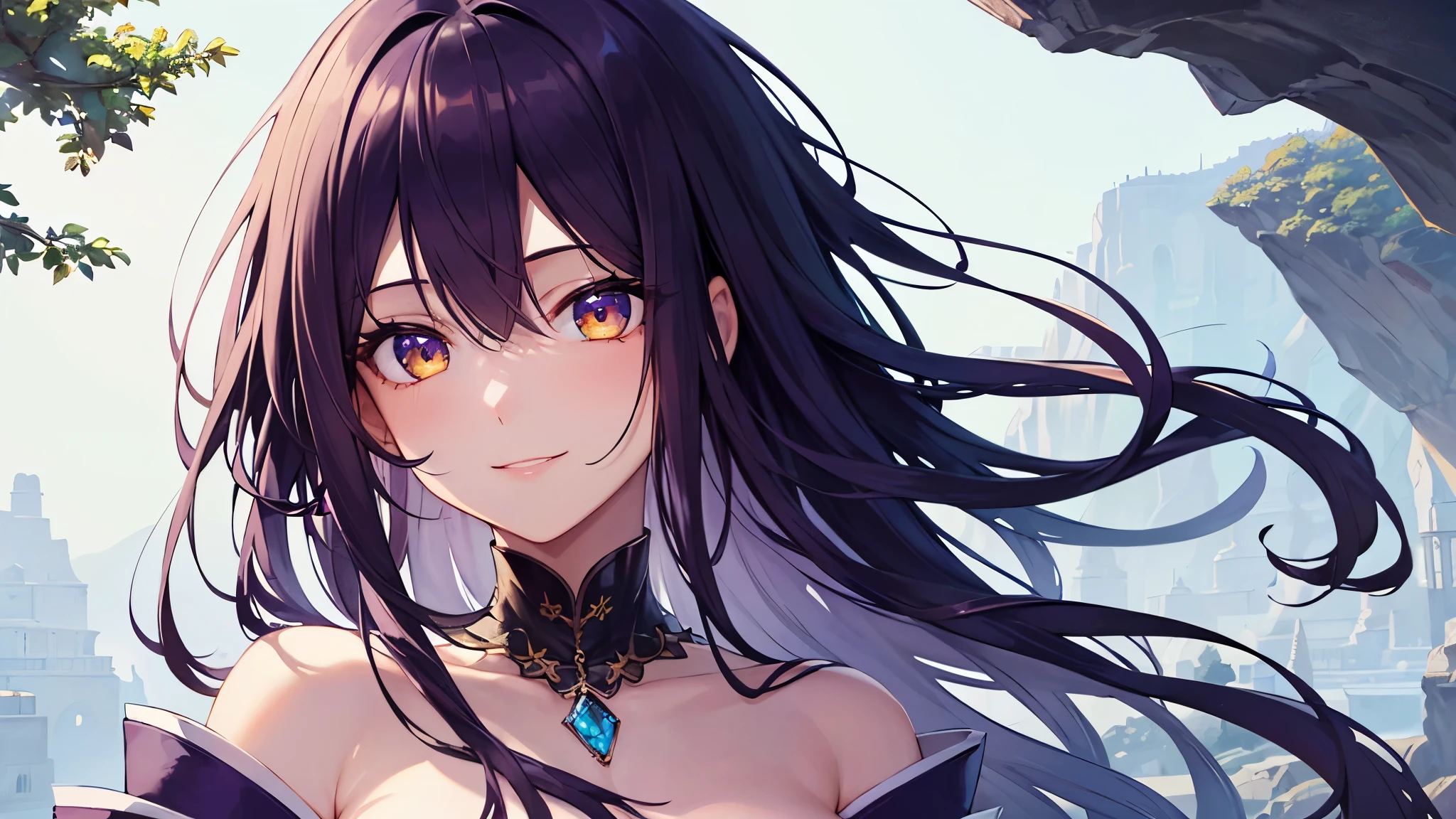 Highest quality, 8k, 4K, High resolution, High Contrast,1girl,only,Beautiful dark purple hair,(Beautifully detailed face), Yellow clear eyes, beautiful eyes, A gentle expression of love, smile, 20generation, Beautiful breasts, Wearing an amethyst, Deep purple gemstone, Based on purple, Detailed and beautiful natural scenery, Noble Japanese Clothing