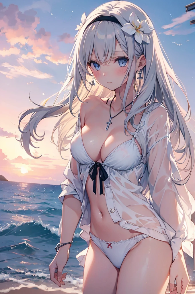 ((girl kawaii)), a extremely delicate and beautiful girl, beautifully painted, cute, sense of digital, best detailed girl, lying on the lake, wet, girl, young, long hair blown up, Hair with flower, (grey hair), cute face, embarrassed, complex details beautiful and delicate eyes, closed mouth, (large breasts), thighs, pale blue eyes, white skin, hairband, earrings, cross necklace, Bracelet, (white bikini), cardigan, white Clothes, (beach), (dusk sky), back lighting, (((wallpaper 8k CG))), ((absurdres)), masterpiece,
