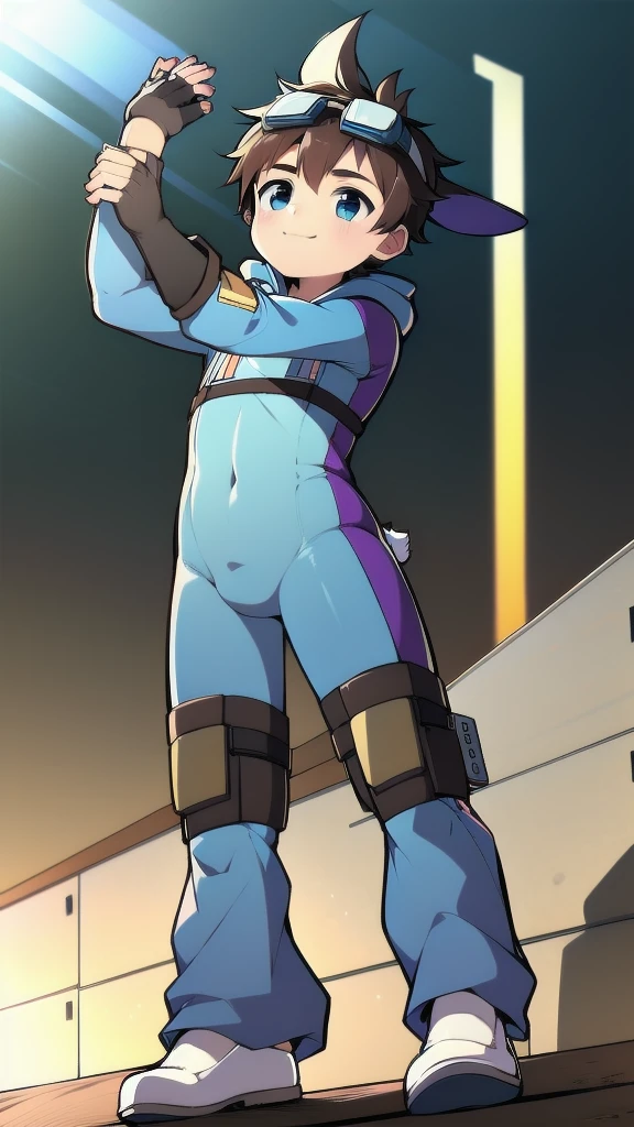 ((A young boy)),(Youthful feeling),One-piece mountaineering suit,Goggles,Fingerless gloves,Cotton socks,Short sleeve,stand up,happy,Rabbit ears