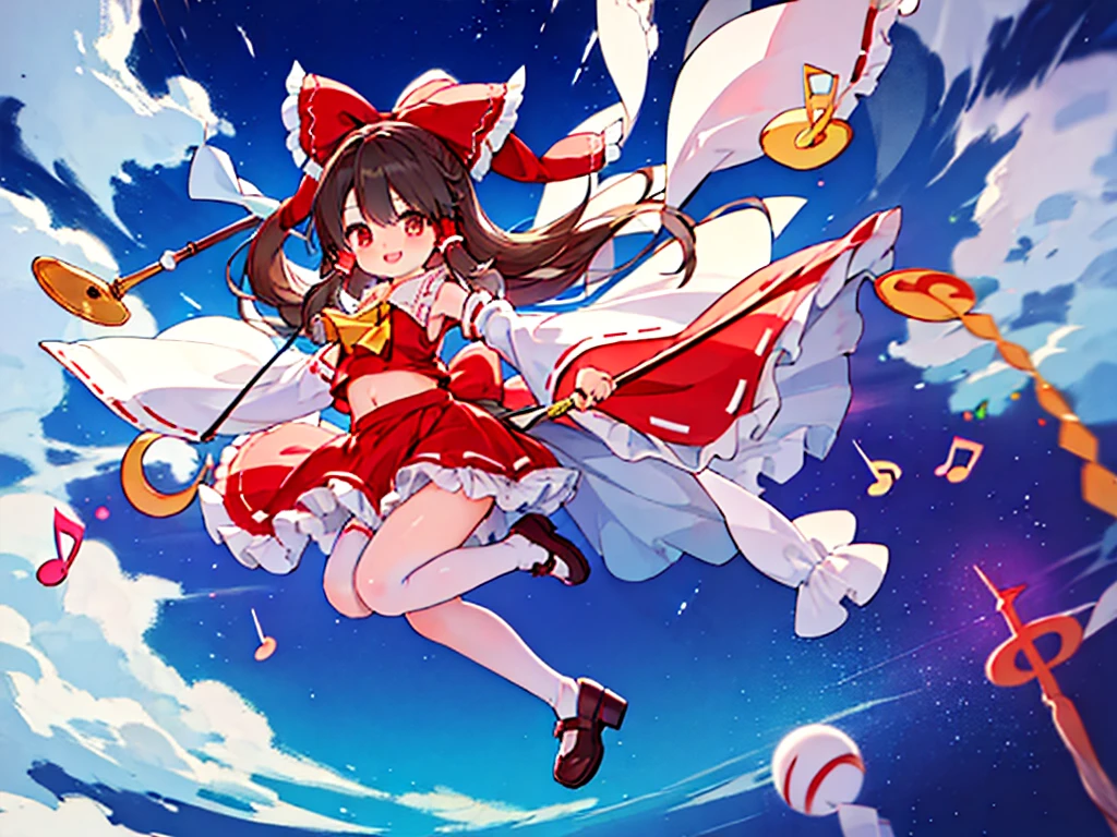 anatomically correct, high quality, 8k,cute girl,reimu,full body,colorful staff notation,colorful musical note, fine sky background,smile