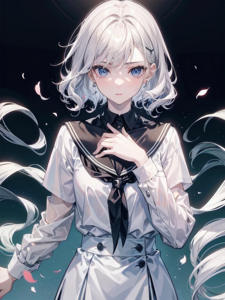 school_uniform, absurdres, RAW photo, extremely delicate and beautiful, masterpiece, Best Quality, ultra high resolution, 32k, hyperrealistic, ultra-detailed, detailed description, pale skin, 20 years old, tearful mole, earring, short medium hair, wavy hair, whole body shot,