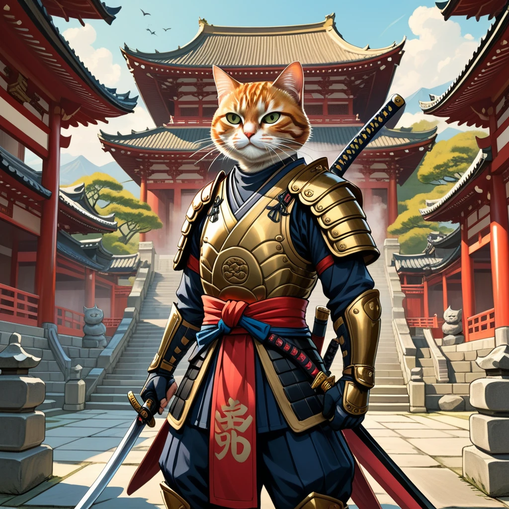 score_9, score_8_up, score_7_up, comic's style, stylized character, swords focus, (close view 1.5)anthropomorphic animal, cat, wearing samurai armor, samurai swords, strict, Japanese temple on background, (sharp:1.2), (detailed:1.2), (HD:1.2), (HDR:1.2), (8K:1.2), (best quality:1.2), (best resolution:1.2), maximalist, (masterpiece:1.2), rough lines, by pencil and ink, crosshatching