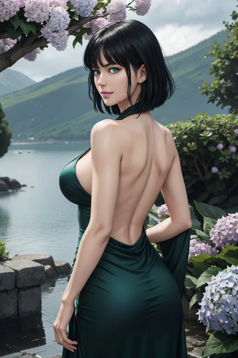 The best one,One Punch Man,Fubuki from Hell,Emerald green eyes,Beautiful black hair,Bangs down,Light green inner hair,Black long dress,Photorealistic,Ultra HD,high quality,masterpiece,Digital SLR,Detailed details,Intricate details,Anatomical basis,Depicted in detail,A detailed face,Realistic skin texture,Vivid details,Perfect Anatomy,Perfect Anatomy,Anatomically correct hand,Anatomically correct fingers,Super Detail,Complex 3D rendering,Huge ,Sexy pose,Beautiful back view,Rainy Sky,Beautiful scenery,Fantastic rainy sky,Fantasy worldview,Picturesque,Pink Lips,Beautiful hydrangea,butterfly々Fluttering,smile,