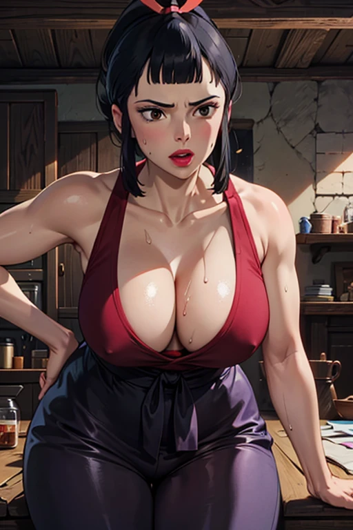 masterpiece, Highest quality, Unreal Engine, Super Resolution, Very detailed,
One Woman, Lady Eboshi from Princess Mononoke, Cleavage, Physical Beauty, (Muscular:0.8), (Big Breasts), bold, Lips parted, Observe the audience,
In a dynamic pose, Cowboy Shot,
The World of Princess Mononoke, At the matchlock gun workshop, Key Visual,
((Sticky with sweat)),