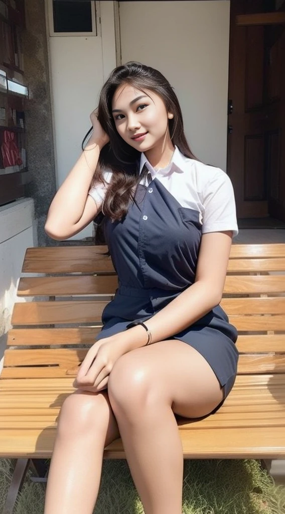 Indonesia, Ariel Tatum, 1girl, (highschool uniform), standing, outdoors, detailed face, detailed eyes, huge breasts, shiny skin, indonesian face, looking at the audience,(8k, RAW photo, best quality, masterpiece: 1.2), (realistic, realistic: 1.37), ultra-high resolution