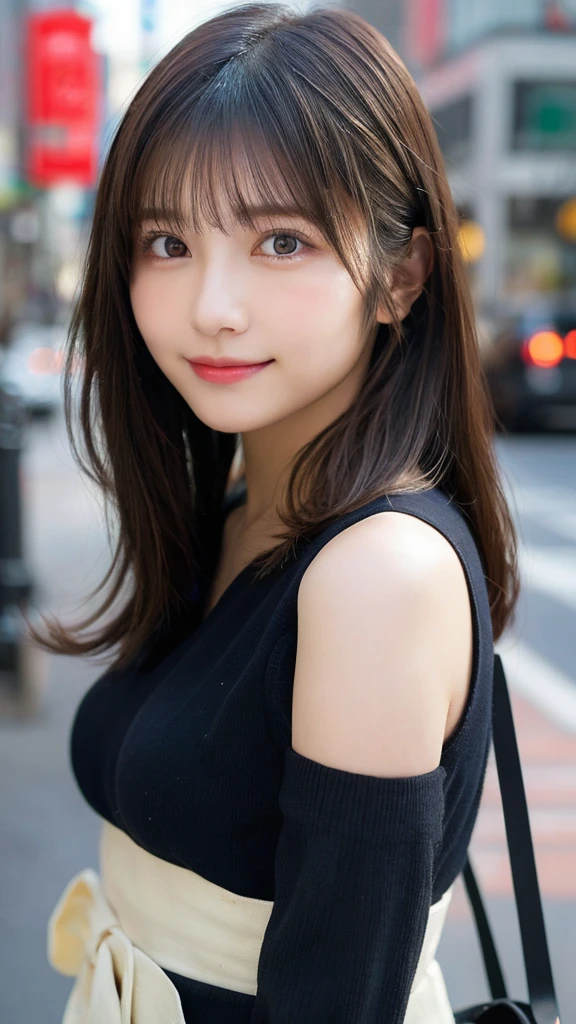 Highest Quality: 1.5), (Real: 1.5), (1 Person: 1.5), Highly Detailed, Fine, High Resolution, 8K Wallpaper, Perfect Dynamic Composition, Small Breasts, Natural Color Lips, Cute Smile, Japanese Woman, 17 Year Old Girl, Beautiful and Exquisite Face, Perfect and Beautiful Face, Beautiful and Exquisite, Big Eyes, Brunette Eyes, Beautiful and Exquisite Face, Perfect and Beautiful Double Eyelids, Natural Bangs, Beautiful and Thin Nose, Beautiful Skin, Black Natural Hair, Long Hair, Natural Bangs, Perfect and Beautiful Face, Slim Face and Figure, (Looking at the Camera), Bright Lighting, Professional Lighting, Shoulder-Length Layers, Asymmetrical Bangs, Japanese Idol, Sophisticated, Stylish, Blouse, Shibuya Ward, Waist-to-Waist Angle、（腰までのアングル:1.3）