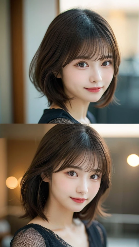 Highest Quality: 1.5), (Real: 1.5), (1 Person: 1.5), Highly Detailed, Fine, High Resolution, 8K Wallpaper, Perfect Dynamic Composition, Small Breasts, Natural Color Lips, Cute Smile, Japanese Woman, 17 Year Old Girl, Beautiful and Exquisite Face, Perfect and Beautiful Face, Beautiful and Exquisite, Big Eyes, Brunette Eyes, Beautiful and Exquisite Face, Perfect and Beautiful Double Eyelids, Natural Bangs, Beautiful and Thin Nose, Beautiful Skin, Black Natural Hair, Long Hair, Natural Bangs, Perfect and Beautiful Face, Slim Face and Figure, (Looking at the Camera), Bright Lighting, Professional Lighting, Shoulder-Length Layers, Asymmetrical Bangs, Japanese Idol, Sophisticated, Stylish, Blouse, Shibuya Ward, Waist-to-Waist Angle、(腰までのアングル:1.3)