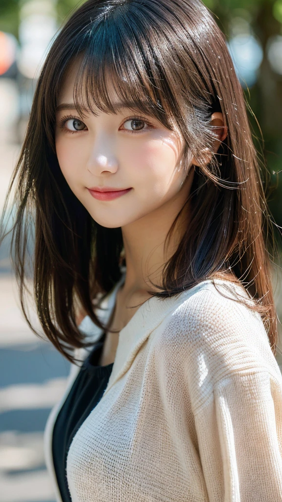 Highest Quality: 1.5), (Real: 1.5), (1 Person: 1.5), Highly Detailed, Fine, High Resolution, 8K Wallpaper, Perfect Dynamic Composition, Small Breasts, Natural Color Lips, Cute Smile, Japanese Woman, 17 Year Old Girl, Beautiful and Exquisite Face, Perfect and Beautiful Face, Beautiful and Exquisite, Big Eyes, Brunette Eyes, Beautiful and Exquisite Face, Perfect and Beautiful Double Eyelids, Natural Bangs, Beautiful and Thin Nose, Beautiful Skin, Black Natural Hair, Long Hair, Natural Bangs, Perfect and Beautiful Face, Slim Face and Figure, (Looking at the Camera), Bright Lighting, Professional Lighting, Shoulder-Length Layers, Asymmetrical Bangs, Japanese Idol, Sophisticated, Stylish, Blouse, Shibuya Ward, Waist-to-Waist Angle、（腰までのアングル:1.3）