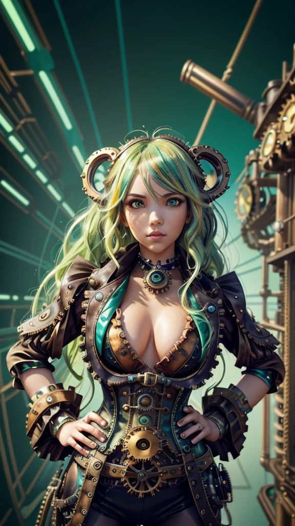 ((live 2D)) masterpiece, 1girl, upper body, steampunk swimsuit clothes, looking at viewer, detailed face, girl with green wavy hair, bangs, metal sheep horns, gradient hair, multicolored hair, light green hair, turquoise hair tips, wavy hair, gradient eyes, orange eyes, (simple background, steampunk background: 1.3), hands on hips