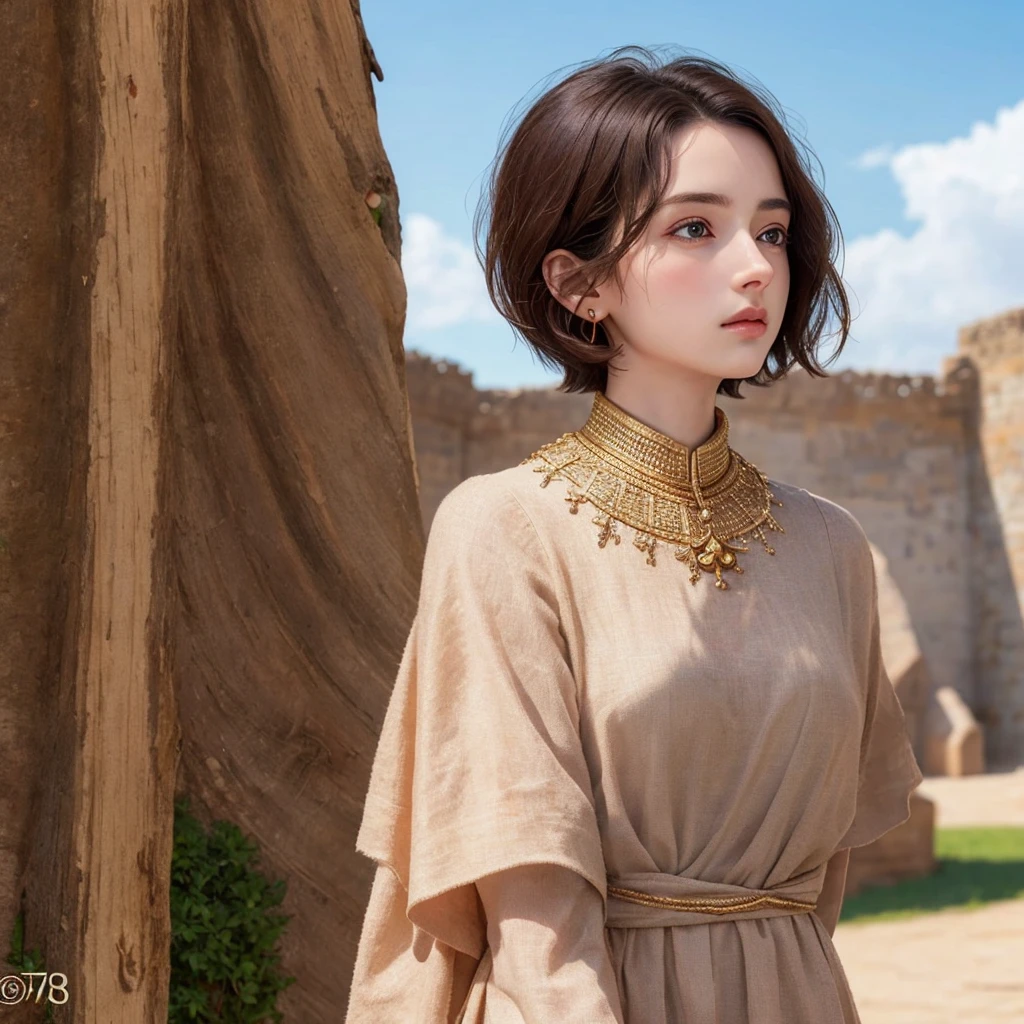 masterpiece, best quality, 8k, super detailed skin, looking off into the distance, jealous, cute, 1girl, short hair, wearing boubou, a secret society of time travelers,