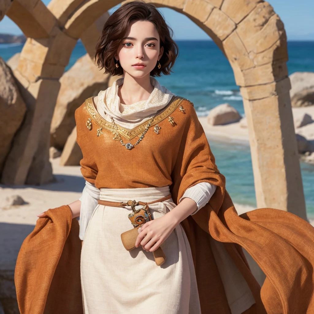 masterpiece, best quality, 8k, super detailed skin, looking off into the distance, jealous, cute, 1girl, short hair, wearing boubou, a secret society of time travelers,