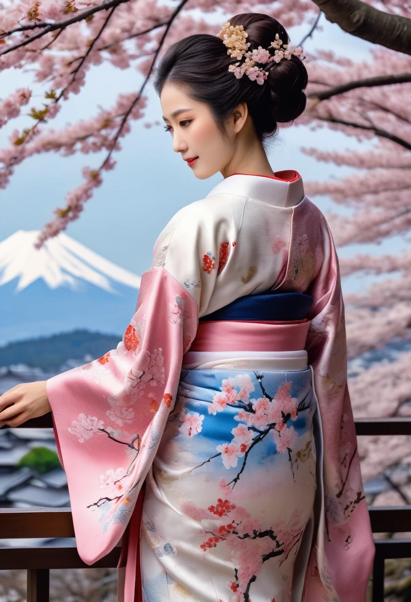 (Cherry blossom :1.5), (ink and watercolor painting:1.5), (Tasteful:1.5), (ink and watercolor painting:1.5), (full color:1.5), 8k, 4k, (landscapes:1.5),(cherry blossom trees:1.5),(wind:1.5),(flying cherry blossom petals:1.5),(kyoto:1.5),(pink theme:1.5),mount fuji in background, 1girl, RAW photo, ultra high resolution,(Photorealsitic:1.4), A darK-haired, Smile, Bright pupils, high detailing, Realism, Fujicolor, Image Fill, viewfinder, Eye-Level Shot, 8k, Super Detail, uhd, retina, masterpiece, Anatomically correct, Textured skin, high details, High quality, awardwinning, Best Quality, hight resolution, Top image quality, (16K), kimono, silk fabric, japanese, Japanese clothes, (Wisteria floral pattern), Silk, Japan hair, Trailing hair, Japan beauties, BIG ASS, (wonderful proportions:1.8), (10 head body:1.8), Slim body, thin-waist, (Smart Standing), (Dignified atmosphere), Sense of cleanliness, (Full of elegance), Historical, heroine, refreshing, Edo style, Downtown Atmosphere, Edo-kko, Yoshiwara Geisha, Oiran, oiran, Countries, Juunihitoe, Premium kimono, amorous, Glossy appearance, (Long and beautiful legs:1.6), beautiful legs, (beautiful leg lines), (made in Japan:1.4), (ultra-precise rendering:1.4), Genroku culture, beauty in return, sexy nape,