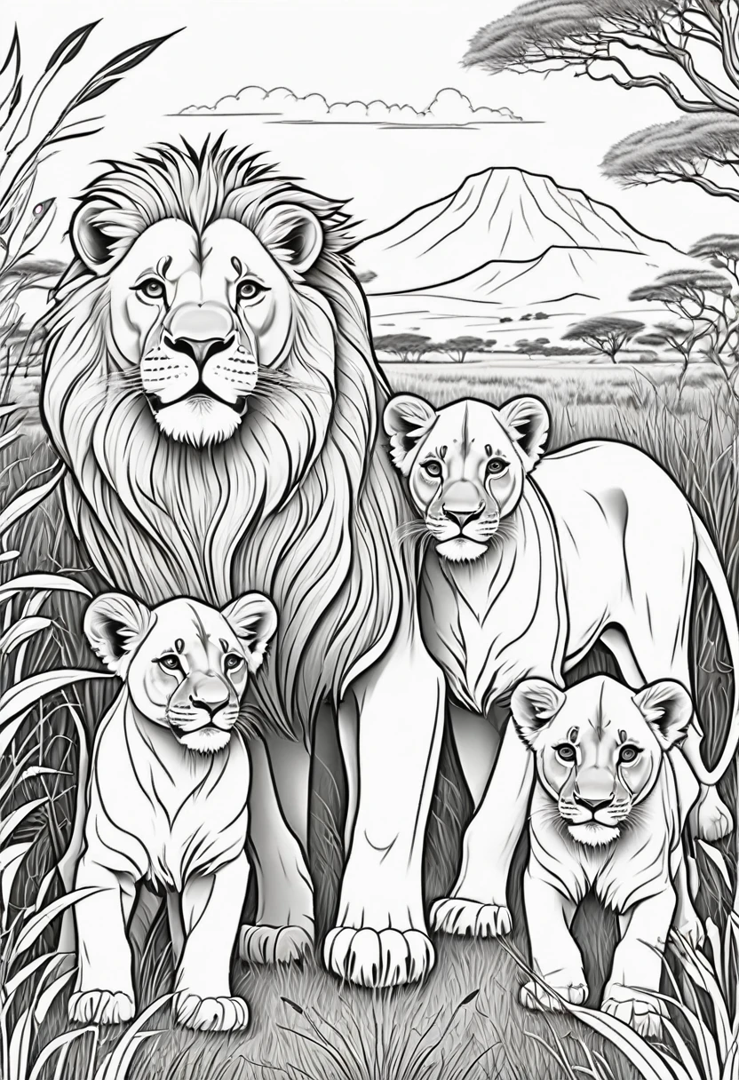 coloring page for children, lion with 2 lion cubs, two lionesses and an adult lion, in the high grassy expanses of Africa with many bushes, cartoon style, thick lines
