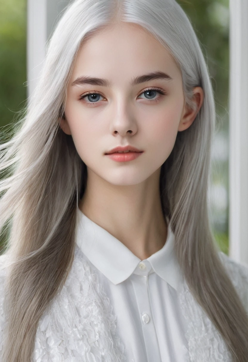 young girl(16 years). straight, White hair. thin, Noble features. Very white skin. grey eyes. thin, white eyebrows. thin, Straight nose.