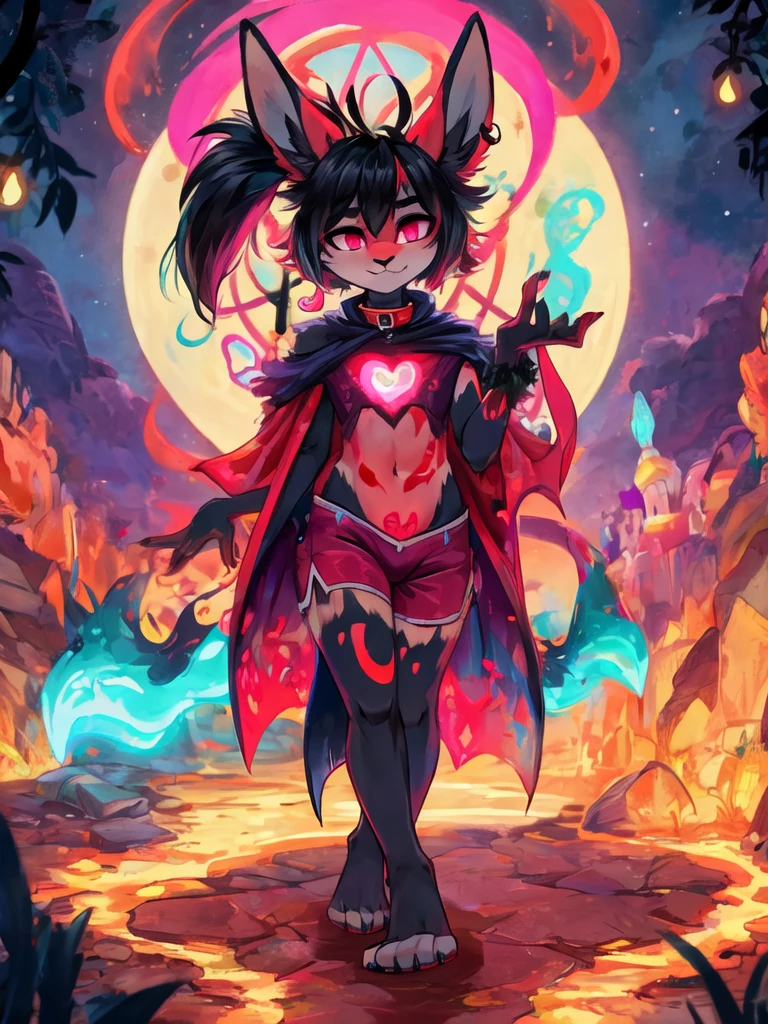 (furry:1.5), rabbit male, pink eyes, red skin, black hair, black short hair ponytail, purple earring, female appearance, black hand,black feet, bare feet, glowing Heart-shaped mark on chest, (ultra detailed), shy, soft, (detailed fur:1.2), beautiful lights and shadows, sharp focus, looking at viewer, (body fur:1.2), (masterpiece), demon elements on body, (Depth of Field), (detail), red hairpin, rubber collar, cloak, dolphin shorts, bulge, nude, with rich contrasting tones of black and red, handsome, normal body type, Acting cute, standing in the night forest,  (solo, The only person), (best quality, 4k,8k, highers, masterpiece:1.2), glowing lake, Moonlight and star decoration, femboy, No muscles