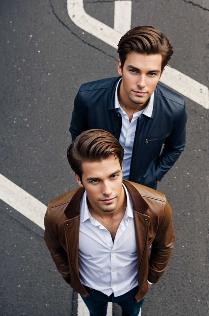 a tall young man, handsome, Brown hair, urban style taking a photo from above 