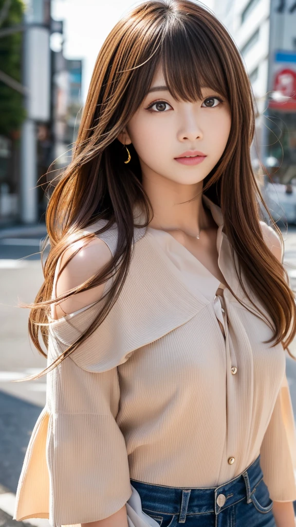 Ultra High Definition, Superior Quality, Premier Quality, ultra detailed, Photorealistic, 8k, RAW Photos, highest quality, masterpiece, Attractive girl, Stunning girl, Brown Hair, Shoulder Length Layered, asymmetrical bangs, Japanese Idol, Sophisticated, Stylish, embarrassed, blouse, Shibuya, 、腰までのアングル