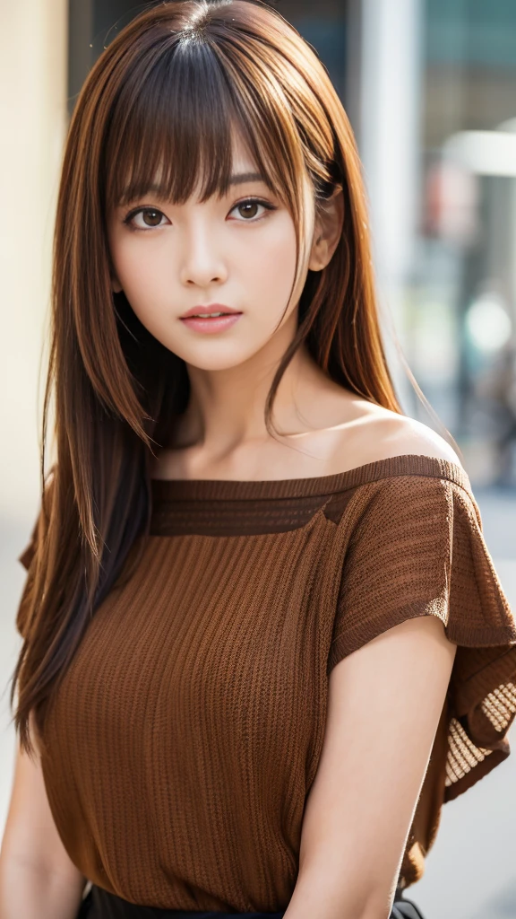 Ultra High Definition, Superior Quality, Premier Quality, ultra detailed, Photorealistic, 8k, RAW Photos, highest quality, masterpiece, Attractive girl, Stunning girl, Brown Hair, Shoulder Length Layered, asymmetrical bangs, Japanese Idol, Sophisticated, Stylish, embarrassed, blouse, Shibuya, 、腰までのアングル