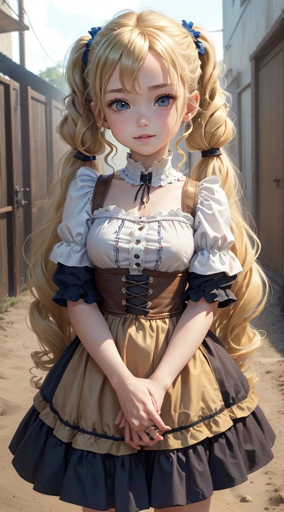 (8K、Top image quality、top-quality、​masterpiece)、1 girl((Lori))、((Blonde curly hair twin tails))、Wavy Hair,、blue eyes、sweet smile、piercings、((small breasts))、 embroidered clothes、((shortsleeves))、is standing、mad max background scenario、 yo、very young
