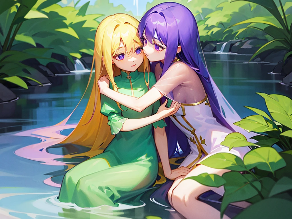 Two girls touching lips,A girl with purple hair and long straight hair,With transparent purple eyes;Another girl with yellow hair,With clear blue eyes。They sit and hug each other,Look at each other affectionately。Cool,Violet,iris,Sunshine,Surrounded by greenery,Transparent stream flowing,Tyndall effect,Light up the fire,starlight:1.8,Clear shape,Detailed description of appearance:Perfect beautiful clear appearance,Normal human body,Transparent body depiction,Transparent light pink;Transparent green
