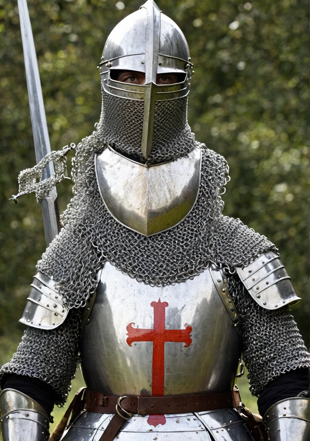 A medieval English knight with a St. George's cross, chainmail, and a longsword, staring directly at the viewer.
