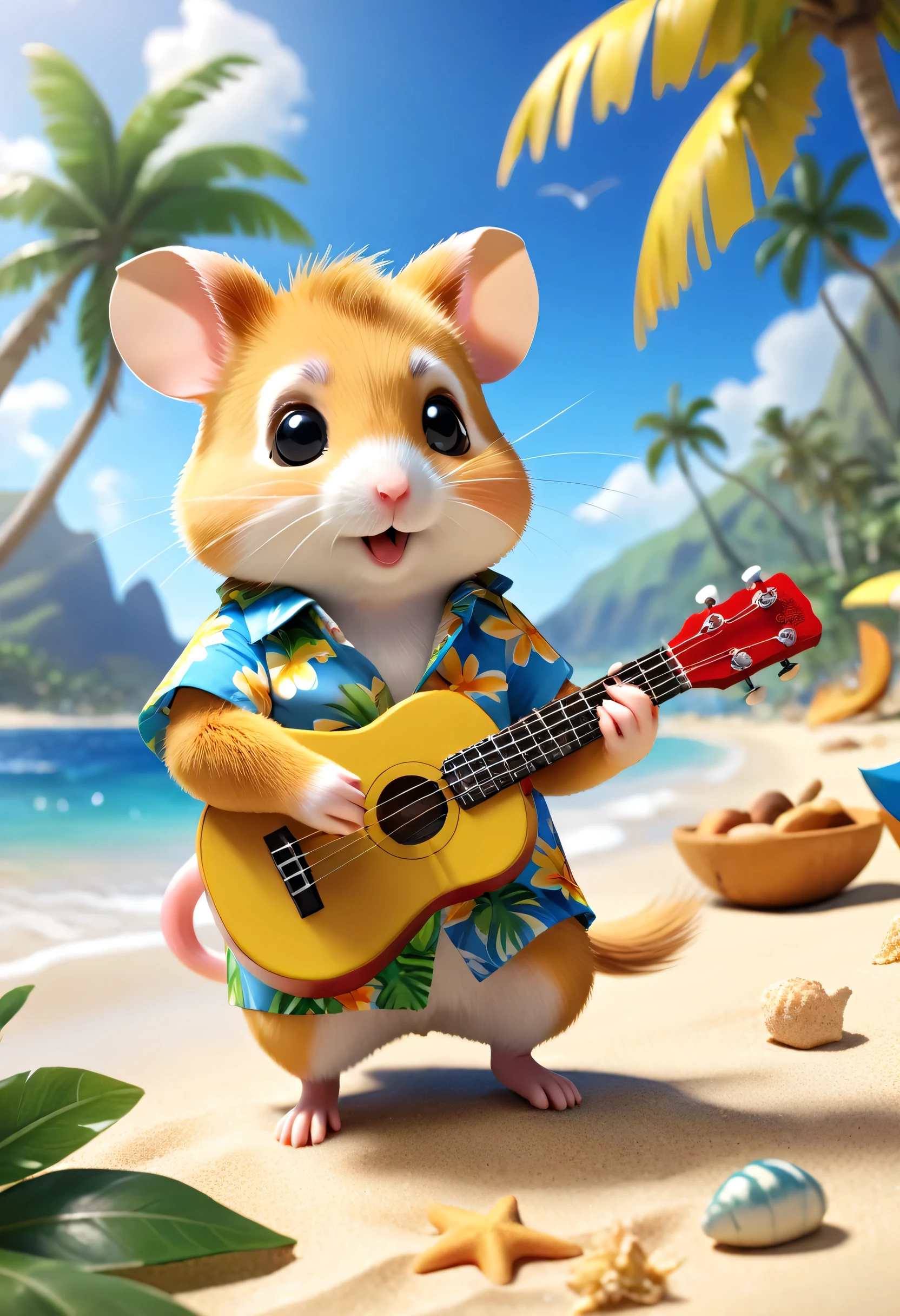 Esbian all over body、Cool hamster、Pop hamster、Diorama、Simple Background、Aloha Shirt、Playing the ukulele、tropical、Beach Background、Cape、Best Quality, Capture the cutest moments, Depth of written boundary, Super detailed, Ultra-high resolution, Octadale, 8k, 16km race