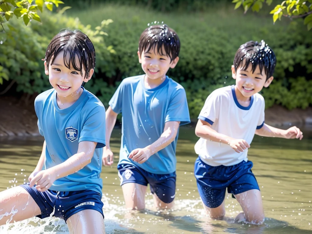 In the forest、 in the countryside、Swimming in the river、Bathing in water、水でGet wet all over、Cute eletary boy、Boy in gym clothes、The bottom of the white T-shirt is blue、Blue shorts、The boys are playing、Get wet all over、Noisy boys、Splashing Water、Japanese、(Boy 1.4)、high resolution、Highest quality