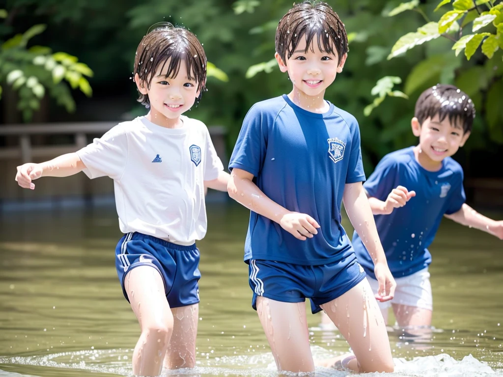 In the forest、 in the countryside、Swimming in the river、Bathing in water、水でGet wet all over、Cute eletary boy、Boy in gym clothes、The bottom of the white T-shirt is blue、Blue shorts、The boys are playing、Get wet all over、Noisy boys、Splashing Water、Japanese、(Boy 1.4)、high resolution、Highest quality
