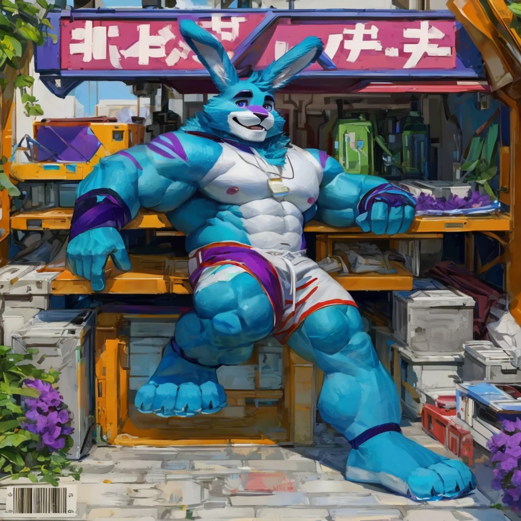 a purple colored fur, muscular anthropomorphic rabbit, himbo body, high quality furry art.