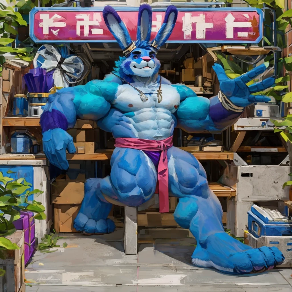 a purple colored fur, muscular anthropomorphic rabbit, himbo body, high quality furry art.