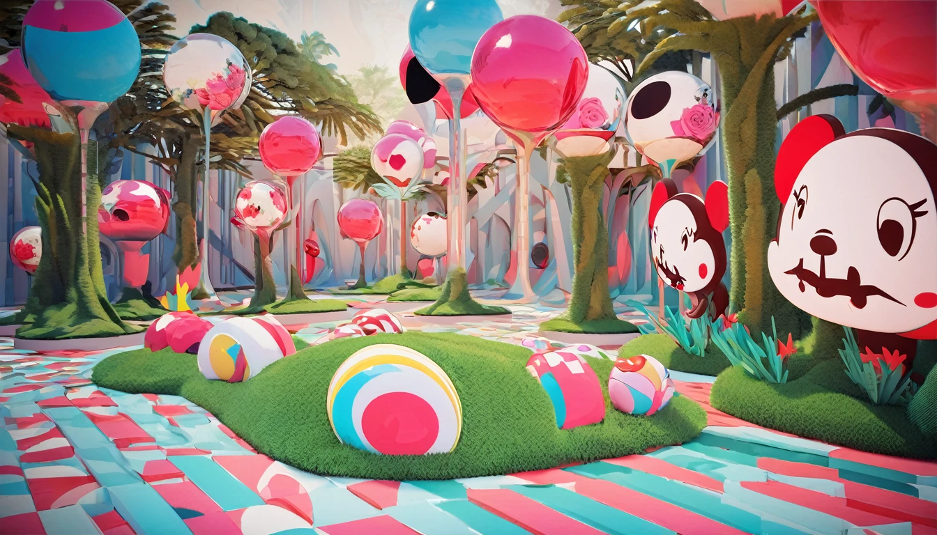 conceptual installation cute pop art, 2.5D, delicate and dynamic, style that combines Disney, Grimm, Aesop and Andersen, Wonderland, Mysterious  Island